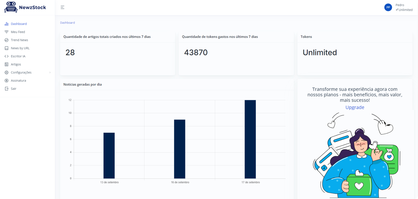 Interface da plataforma Newz Stock para desktop